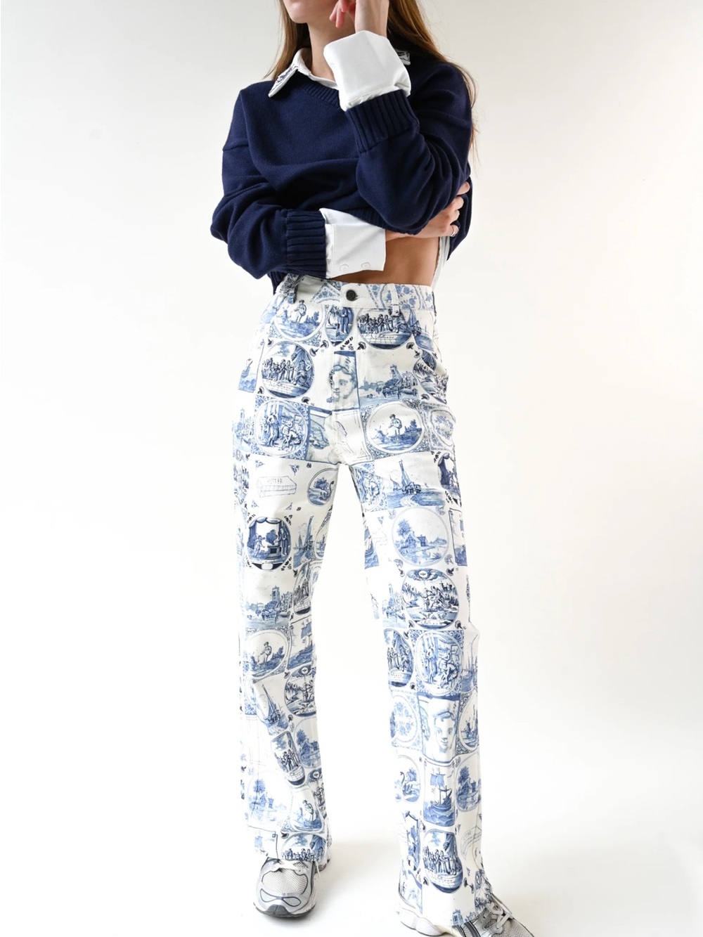 Blue & White art Print High-Rise Jeans